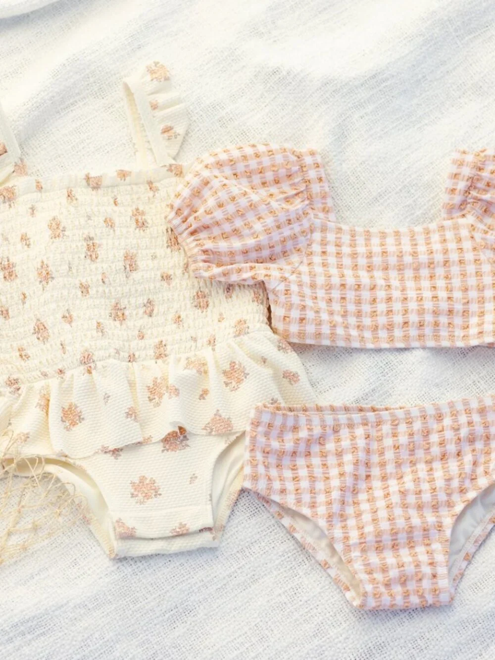 QUINCY MAE Ruffle Smocked Bodice Piqué One-Piece Swimsuit in Ivory Size 3-6 M